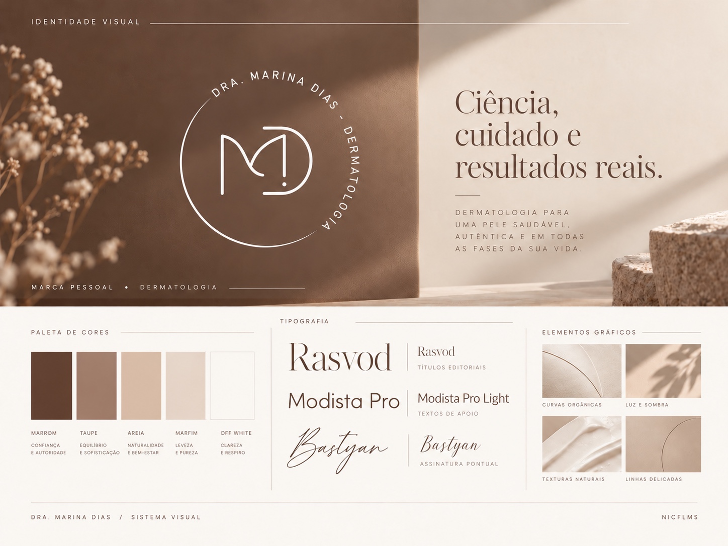 Primeira prancha: identidade visual, logo MD, paleta, tipografia e elementos gráficos da Dra. Marina Dias.