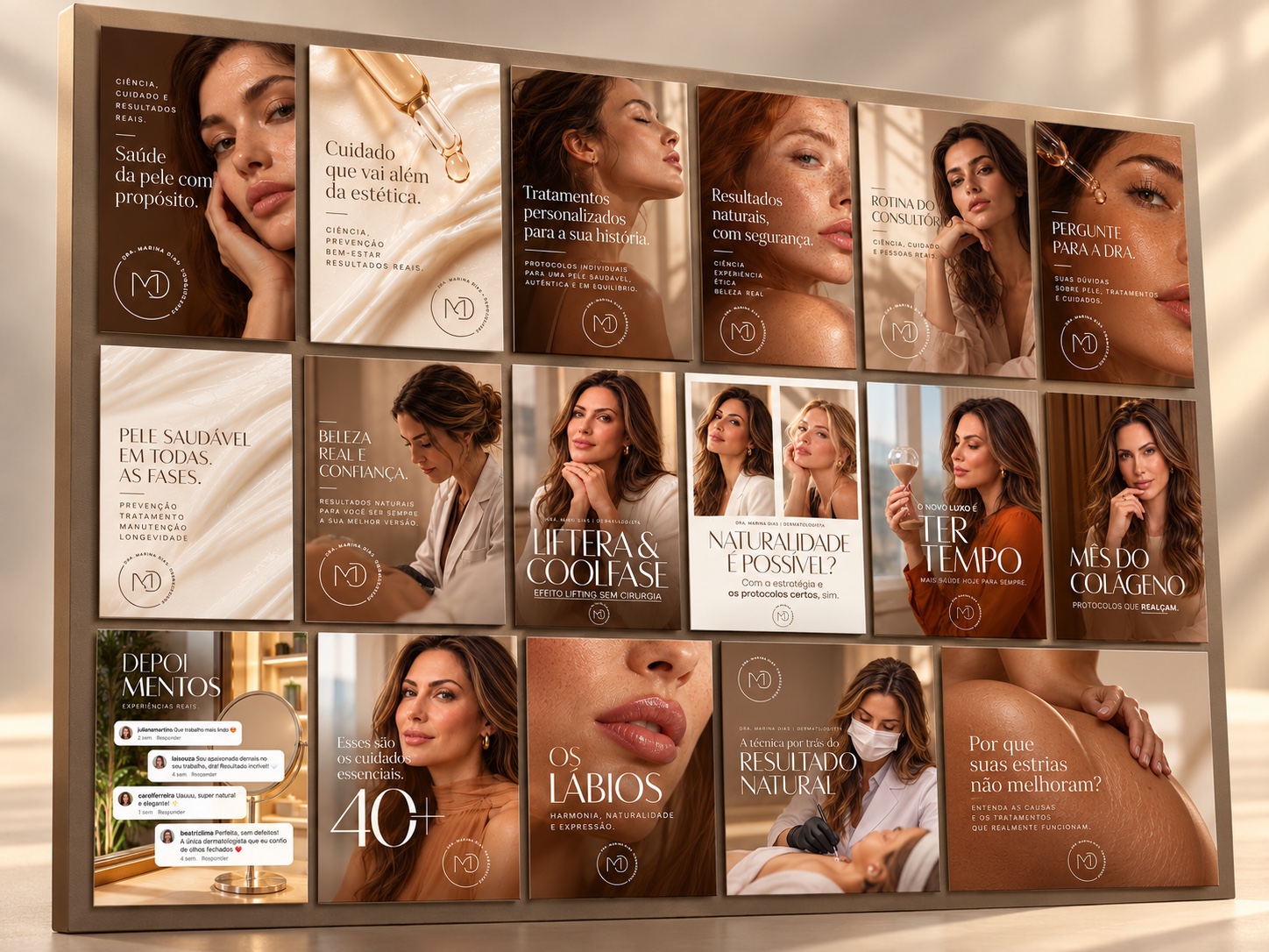 Segunda prancha: painel tridimensional com exemplos de posts editoriais de dermatologia.