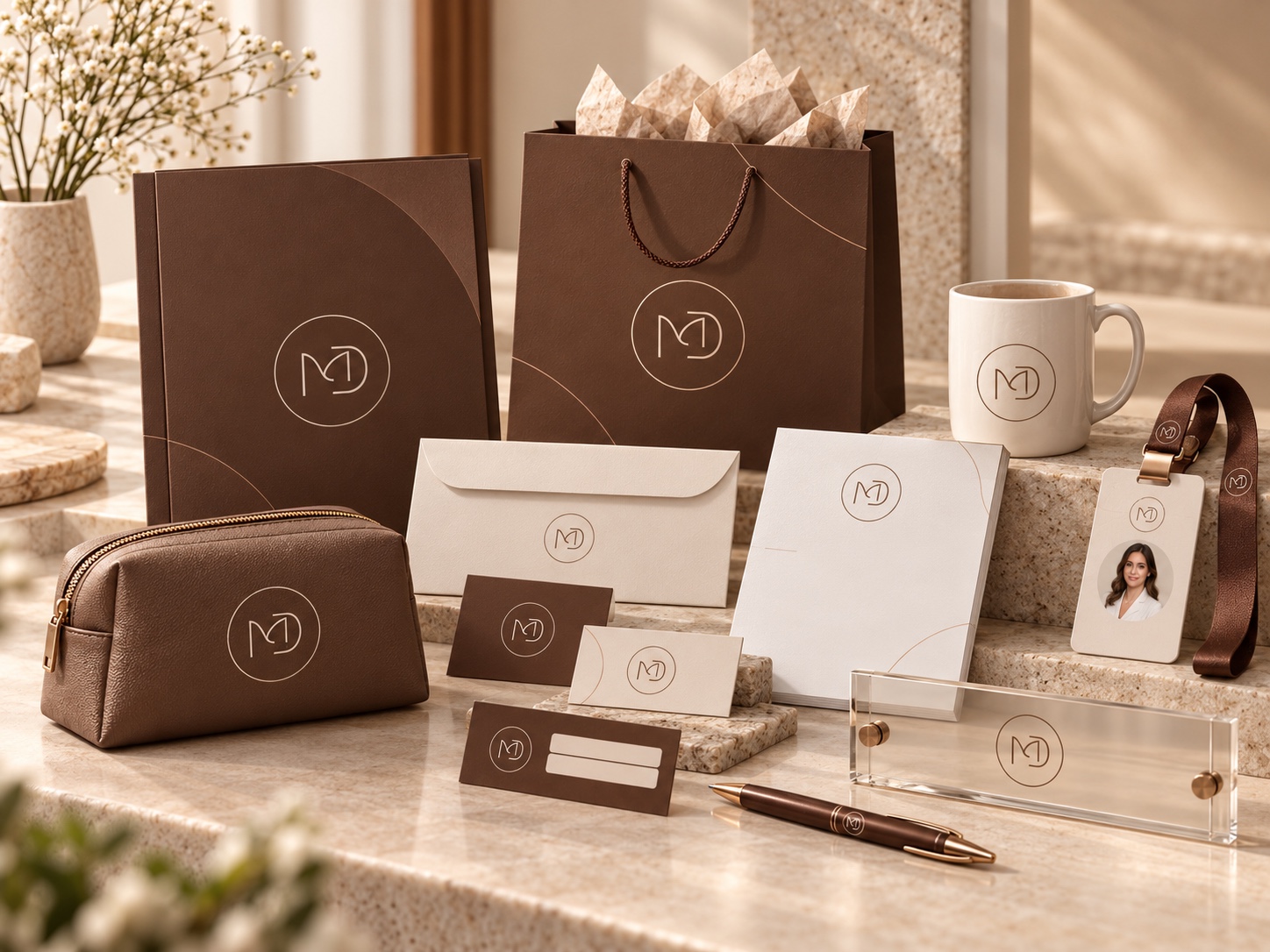 Terceira prancha: materiais e acessórios personalizados da clínica com a marca MD.